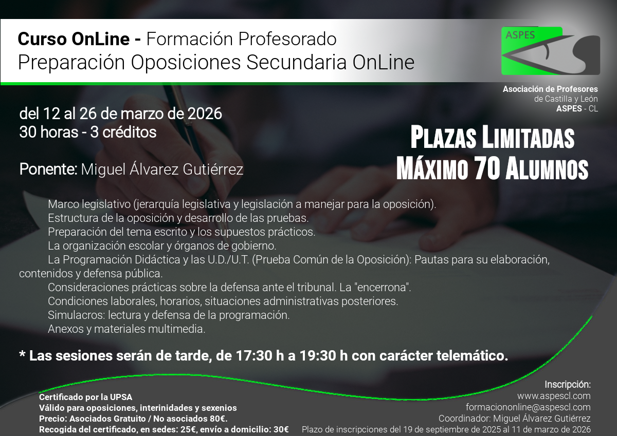 Curso On Line. Preparación de Oposiciones Secundaria Online. OnLine 2025 - 2026